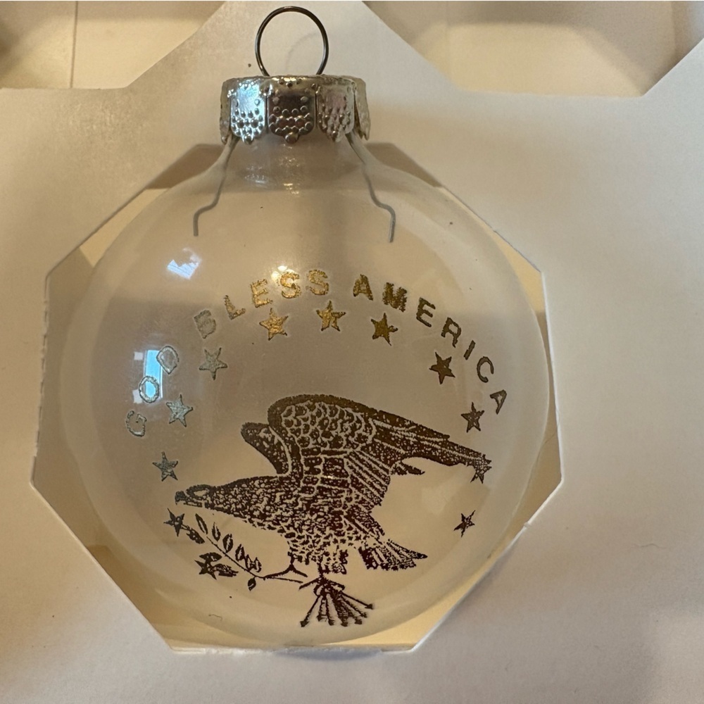 Clear Glass “God Bless America” Eagle ornaments set of 7